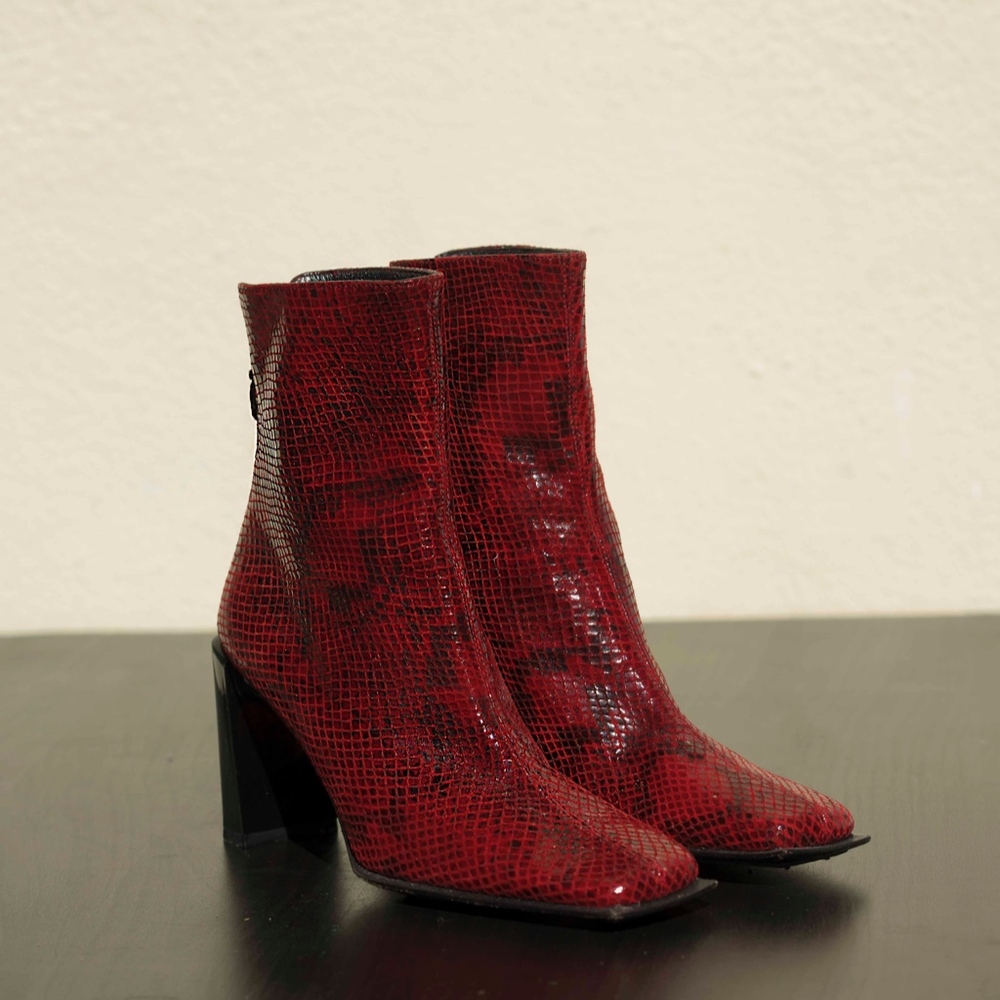 Stuart Weitzman red snake printed leather boots